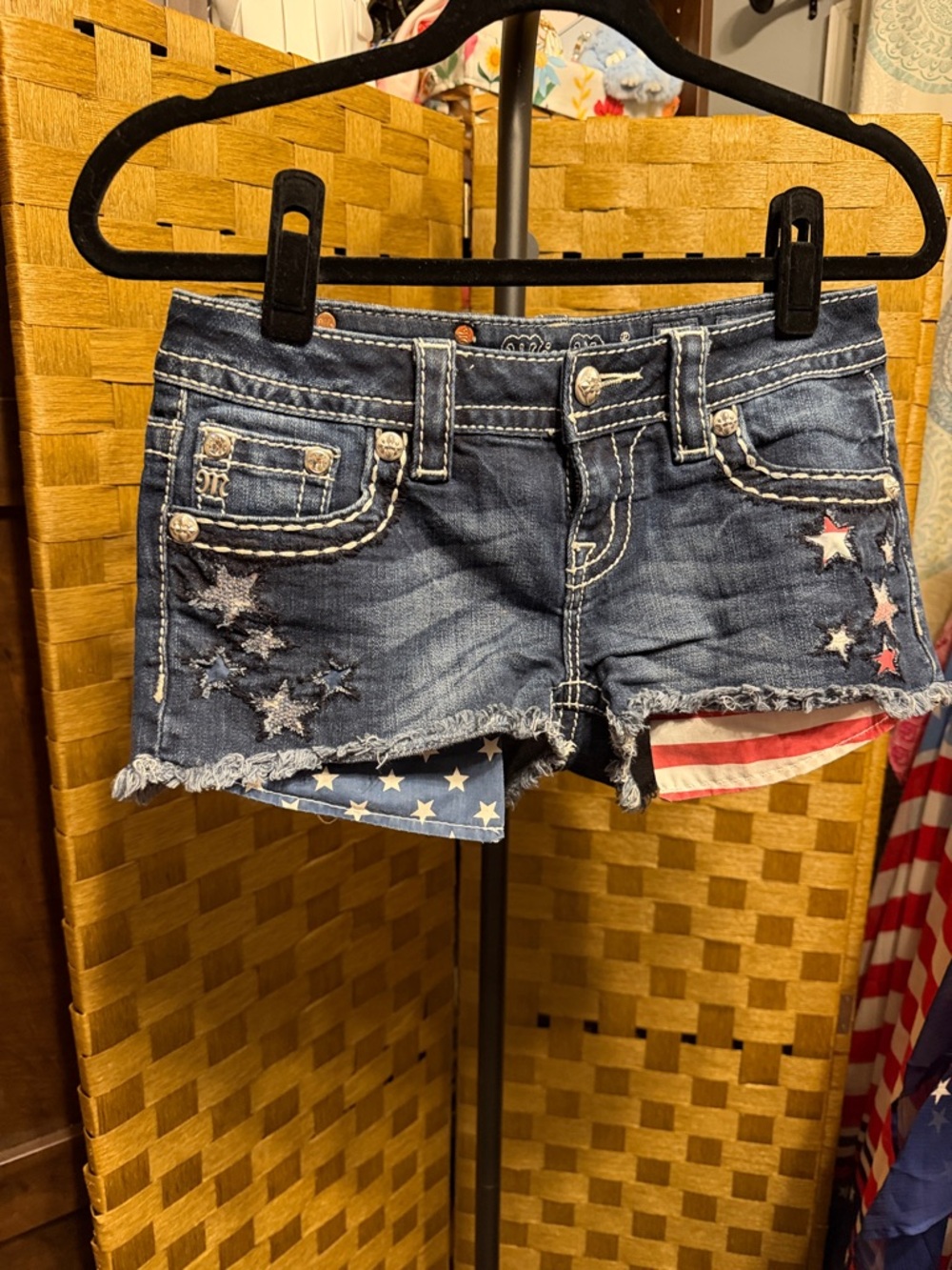 Distressed Dark Wash Denim Shorts with Star Embroidery and Flag Liner
